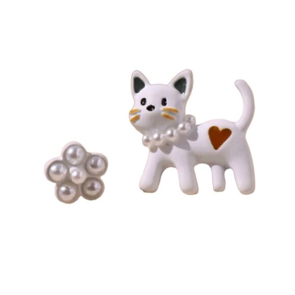 Flower Faux Pearl Stud Earrings Cat Design Earring - Picture 5 of 5